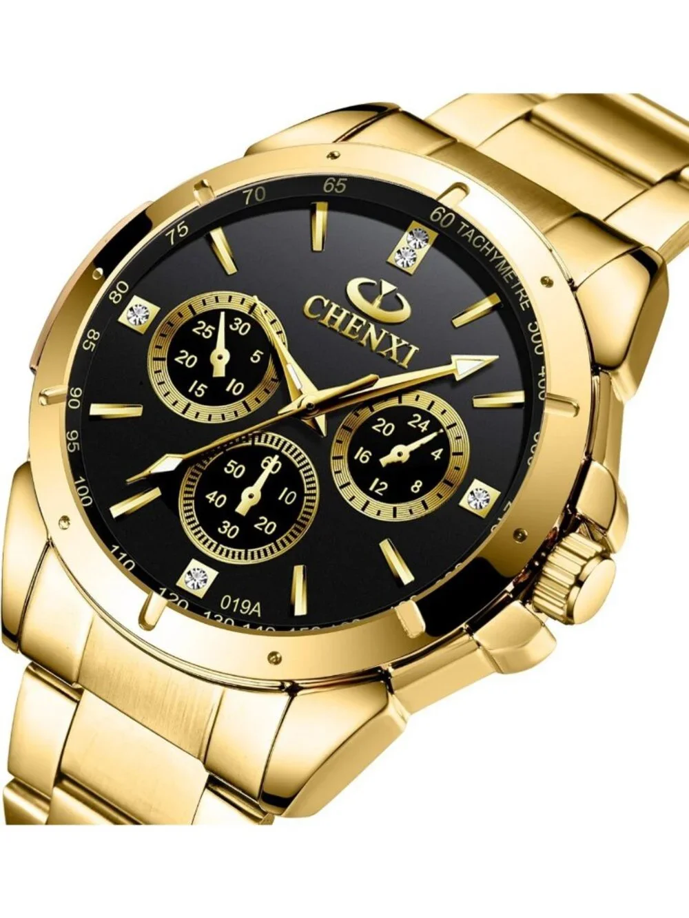 Stylish Gold Stainless Steel Men's Watch with Crystals - Classic Design, FQ-005